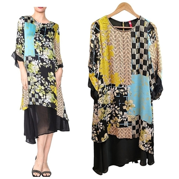 IC Collection Layered Dress With Zipper Detail Size XS Turquoise Floral Check - Picture 1 of 10